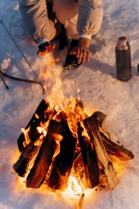 winter, camping, fire